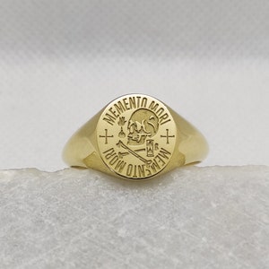 Solid Gold Memento Mori Signet Ring: Engraved Skull, Gothic Biker Jewelry