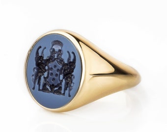 Sardonyx signet ring Stone Signet Ring, Intaglio Gold Men Ring, Family Crest Signet Ring, Coat of Arm Ring, Blue Cameo Ring, Wax Seal Ring