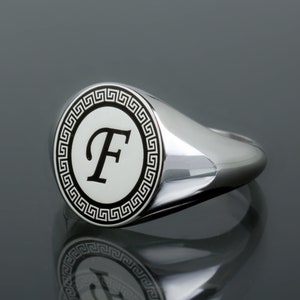 Anillo con inicial, anillo con sello para hombre, anillo con inicial para marido, anillo con sello ovalado, anillo con sello con monograma, anillo con inicial de plata, anillo negro y plateado