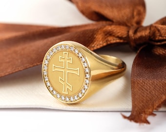 14K Gold Diamond Orthodox Cross Signet Ring, Byzantine Jewelry