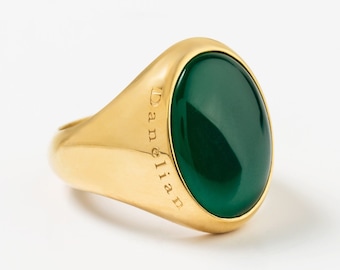 Green Onyx Signet, Man Gold Ring, Gemstone Signet Ring, Green Agate Signet, Oval Pinky Ring, Husband Gift, Chevalier Man Ring, Emerald Ring