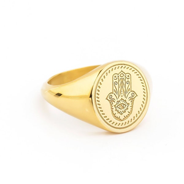 14K Solid Gold Hamsa Signet Ring, Gold Hand Of Fatima Ring, Personalized Hamsa Ring, Religious Jewelry, Protection And Luck Hand Of God Ring