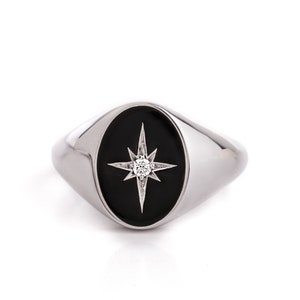 Sterling Silver Star Signet Ring: Simulated Diamond, Enamel Face