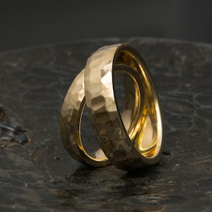Hammered Solid Gold Wedding Ring Set: His & Hers Matching Bands