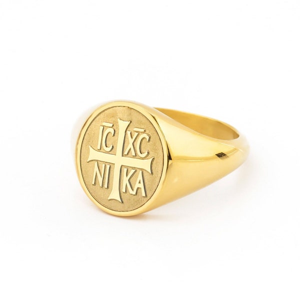 14K Massivgold Kreuz Ring, Kreuz Siegelring, Personalisierter religiöser Ring, griechisch kyrillischer Schmuck, Schutzring, Konstantin Ring
