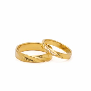 Solid Gold Mobius Wedding Ring Set: Diamond Accent, His & Hers