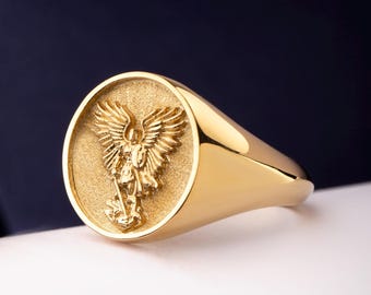 Anillo de sello del Arcángel Miguel en oro de 14 quilates: Joyería de protección cristiana