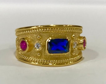 Gold Byzantine Ring, 14k Solid Gold Ring, Sapphire Ring, Medieval Ring, Etruscan Jewelry, Man Stone Ring, Rings For Men, Gold Man Ring