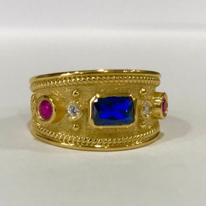 Gold Byzantine Ring, 14k Solid Gold Ring, Sapphire Ring, Medieval Ring, Etruscan Jewelry, Man Stone Ring, Rings For Men, Gold Man Ring