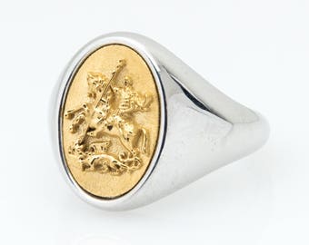 Sterling Silver Signet Ring: Gold Seal, Medieval Knight Ring