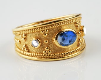 Sapphire Byzantine Ring: 9K Gold & Sterling Silver Gemstone Ring