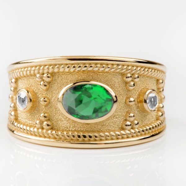 Medieval Ring, 14k Solid Gold Ring, Emerald Ring, Etruscan Ring, Gold Diamonds Ring, Gold Man Ring, Byzantine Jewelry,  Gold Ring For Wife