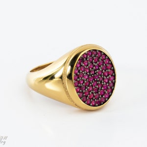Solid Gold Ruby Signet Ring: Pave Gemstone Pinky Ring