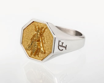 Sterling Silver Bee Signet Ring: 18K Gold Plated Honeycomb Jewelry