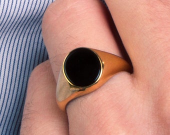 Anillo de sello de oro macizo de 14 quilates con ónix, anillo de sello de oro para el dedo meñique, anillo con piedra de ónix negro, anillo llamativo, anillo de aniversario, regalo para hombre, joyería de ónix