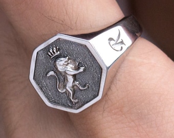 Sterling Silver Lion Signet Ring: Family Crest, Husband Gift