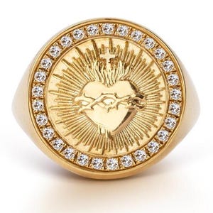 14K Gold Diamond Sacred Heart Ring: Christian Amulet Jewelry