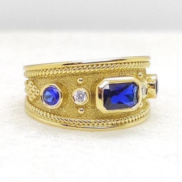 14K Gold Byzantine Ring, Greek Byzantine Ring For Women, Ancient Medieval Jewelry, Blue Sapphire Gemstone Ring, Etruscan Gold Sapphire  Ring