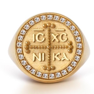 14K Gold IC XC NIKA Diamond Ring, Byzantine Cross Signet Ring, Orthodox Ring, Religious Jewelry, Greek Christian Symbol, Protection Amulet