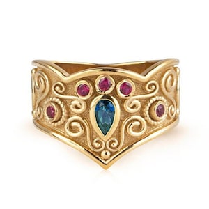 14K Gold Etruscan Sapphire Ring, Gold Antique Statement Ring, Green Sapphire Medieval Ring, Ancient Greek Ring, Gold Vintage Byzantine Ring