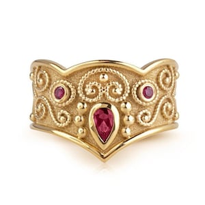 14K Gold Ruby Byzantine Ring: Ancient Greek Style Band