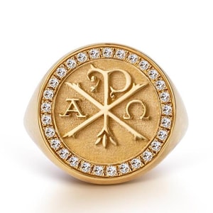 14K Gold Diamond Chi Rho Ring: Religious Signet, Alpha Omega