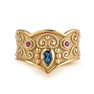14K Gold Byzantine Ring: Sapphire & Ruby Etruscan Band
