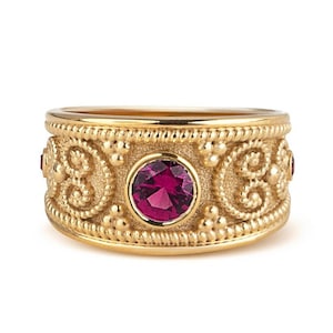 Gold Etruscan Ring, Ruby Gold Ring, Byzantine Jewelry, Medieval Ring, Ancient Greek Ring, Women Ruby Band, Greek Ring, Gold Gemstone Ring