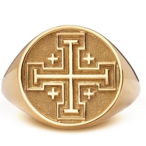 14K Gold Jerusalem Cross Signet Ring: Christian Heraldry Jewelry