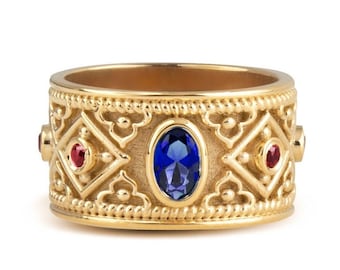 Banda ancha bizantina de zafiro azul de oro de 14K, anillo de zafiro ovalado, anillo de oro de inspiración etrusca, anillo de piedra de zafiro medieval, joyería bizantina