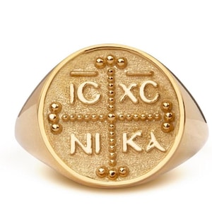 14K Gold ICXC NIKA Ring, Orthodox Christian Gold Ring, Byzantine Cross Jewelry, Jesus Christ Conquers Signet Ring, Baptism Gift Ring