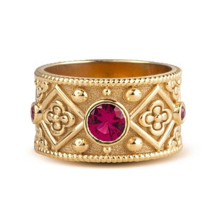 Round Cut Ruby Gemstone Byzantine Ring, Women Gold Ruby Band, Solid Gold Wide Band, Red Ruby Byzantine Ring, Etruscan Gold Ring Gift