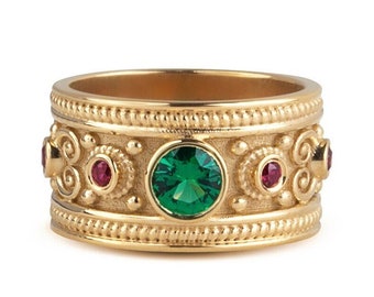 Gold Emerald Byzantine Ring, Round Emerald Women Band, Gold Medieval Jewelry, Handmade Emerald Ring, Multi Gemstone Ring, Etruscan Ring