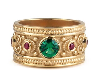 Bague byzantine émeraude or, jonc rond émeraude pour femme, bijoux médiévaux en or, bague émeraude faite main, bague multi pierres précieuses, bague étrusque