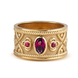 Byzantine Ruby Ring: 9K Gold Wide Band, Etruscan Style