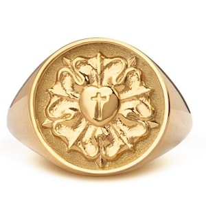 14K Gold Luther Rose Ring, Luther Seal Ring, Personalized Religious Jewelry, Martin Luther Ring, Christian Ring, Gold Lutheran Signet Ring