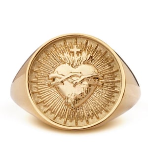 14K Gold Sacred Heart Signet Ring: Religious Protection Jewelry