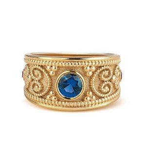 Gold Etruscan Ring, Gold Wide Band Ring, Sapphire Gemstone Band, Victorian Era Sapphire Byzantine Ring, 14K Solid Gold Ring, Byzantine Ring