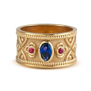 Oval Sapphire Byzantine Ring, 14K Gold Sapphire Band, Etruscan Ring, Byzantine Jewelry, Womens Gold Wide Band, Sapphire Ruby Etruscan Ring