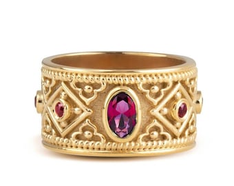 Handmade Greek Byzantine Ring, Deep Red Ruby Gemstone Byzantine Band, 14K Solid Gold Wide Band, Etruscan Ring, Multi Gemstone Ruby Ring