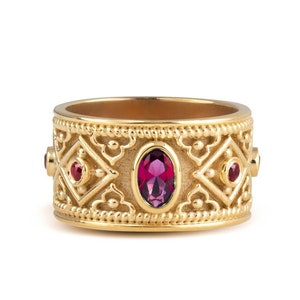 Handmade 14K Gold Byzantine Ring: Simulated Ruby Etruscan Band