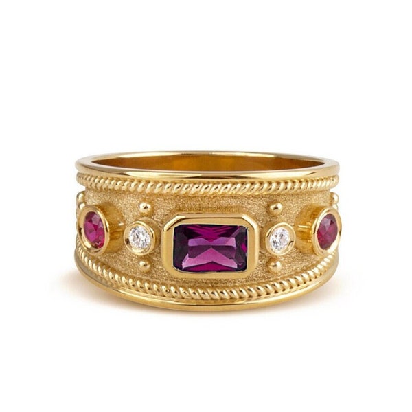 Ancient Greek Byzantine Ring, Red Ruby Byzantine Band, Gold Women Wide Band, Etruscan Gold Ring, Woman Etruscan Jewelry, 14K Byzantine Ring