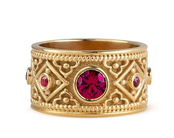 Italian Gold Ruby Ring, Roman Style Ring, Gold Etruscan Ring, 14K Solid Gold Womens Wide Band, Handmade Byzantine Jewelry, Etruscan Gift