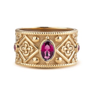 Gold Byzantine Ring, Etruscan Jewelry, Medieval Gold Ring, Ruby Stone Ring, Woman Gold Band, Deep Red Ruby Band, Ancient Greek Gold Ring