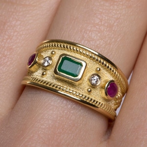Emerald Ring, Byzantine Ring, Etruscan Jewelry, Greek Jewelry, Medieval Ring, Gold Ring, Mens Emerald Ring, Emerald Gold Ring, Greek Ring