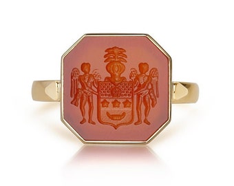 14K Solid Gold Carnelian Dainty Signet Ring, Family Crest Intaglio Ring, Wax Seal Gold Ring, Custom Carnelian Stone Coat of Arms Gold Ring