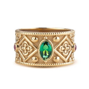 Gold Sicilian Ring: Emerald & Ruby Stone, 14K Gold Band