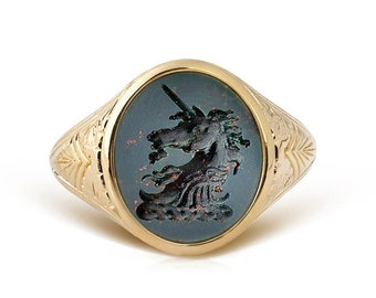 14K Solid Gold Unicorn Bloodstone Signet Ring, Intaglio Bloodstone Signet Ring For Men, Personalized Coat of Arms Signet Ring, Gold Men Ring