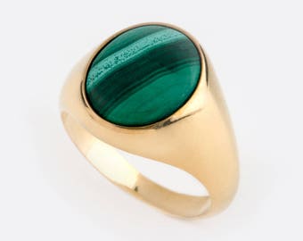 Malachite Signet Ring: Sterling Silver, Gold Plated, Green Gemstone