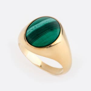 Malachite Signet Ring: Sterling Silver, Gold Plated, Green Gemstone